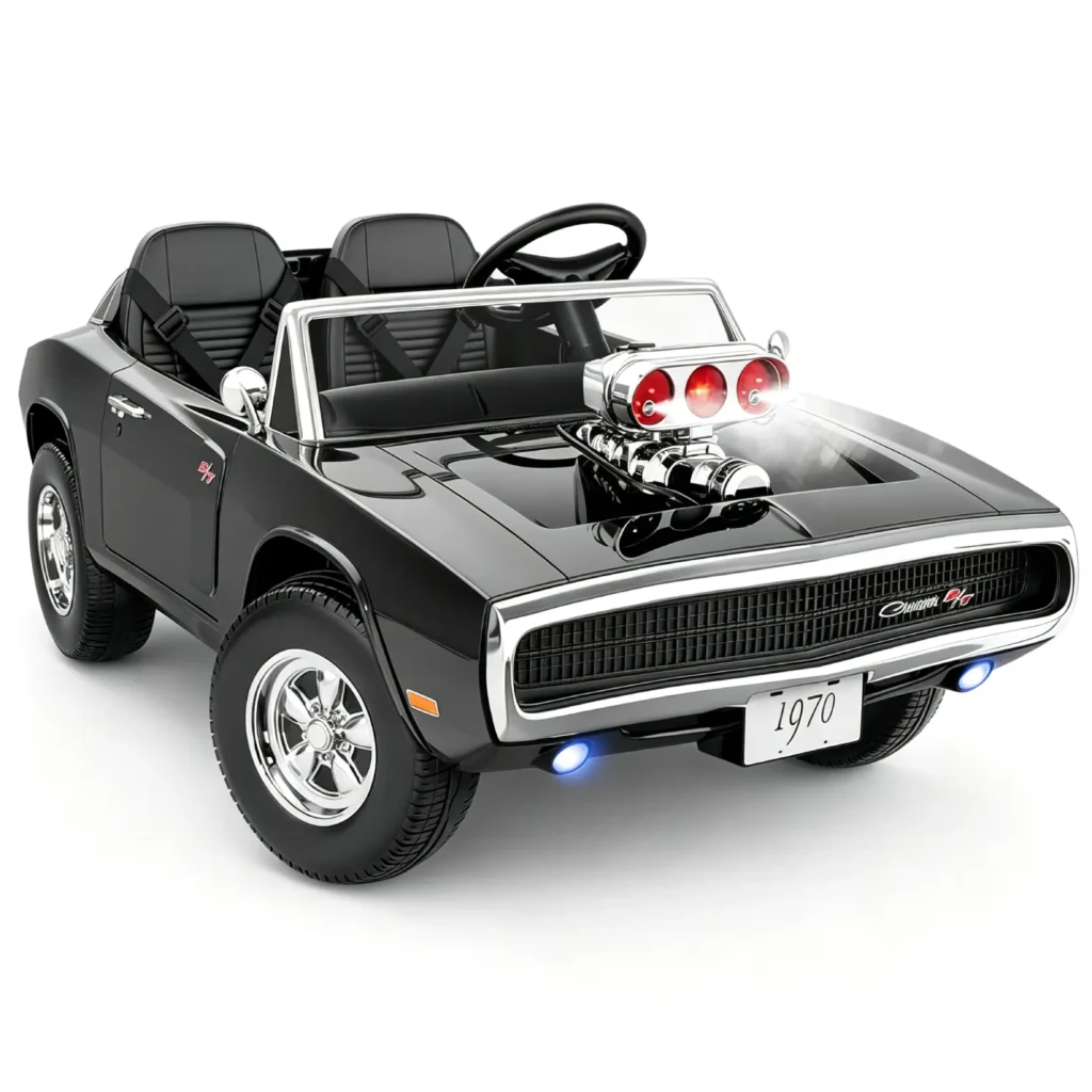 First Ride On officially licensed black 1970 Dodge Charger RT kids ride-on car with a simulated supercharger