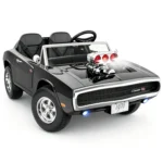 First Ride On officially licensed black 1970 Dodge Charger RT kids ride-on car with a simulated supercharger