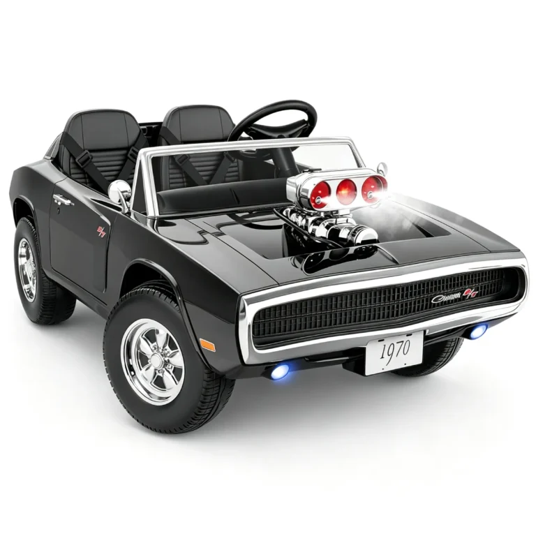 First Ride On officially licensed black 1970 Dodge Charger RT kids ride-on car with a simulated supercharger
