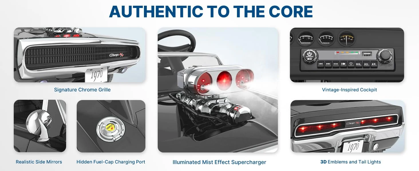 Hood-mounted supercharger with mist spray and chrome-style grille on the 1970 Dodge Charger R/T 24V ride-on car
