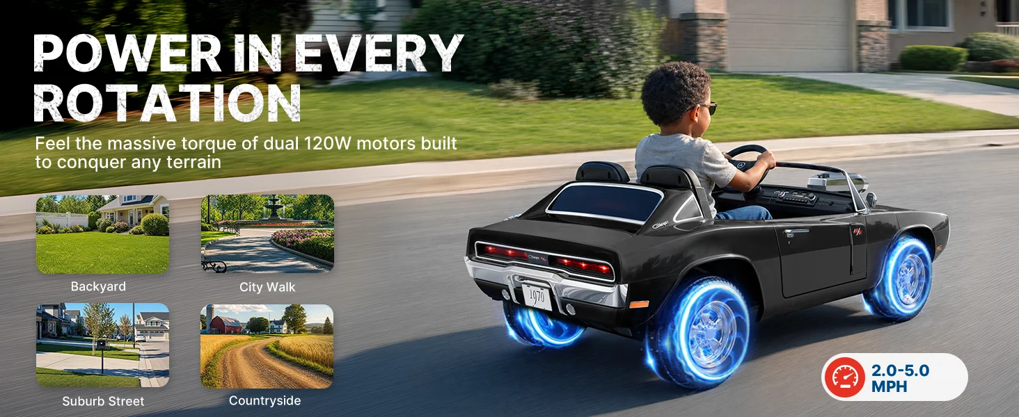 Dual 120W motors and all-terrain wheels on the 1970 Dodge Charger R/T 24V kids electric car