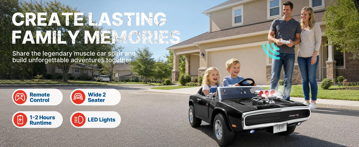 Two children riding the 2-seater Dodge Charger R/T 24V kids ride-on car with the parent remote control