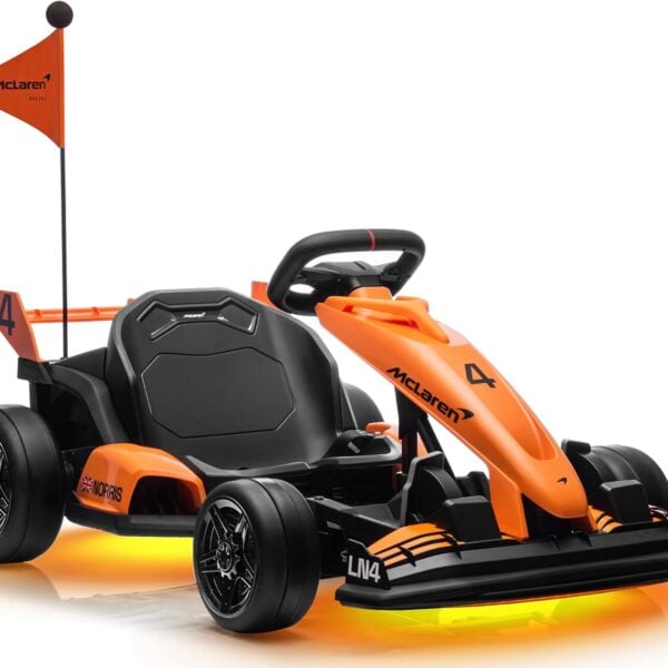 Studio white background front perspective view of First Ride On officially licensed McLaren electric go-kart with racing flag