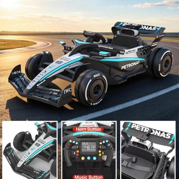 First Ride On Mercedes-AMG Petronas F1 style ride-on car dashboard featuring interactive steering wheel with music and horn buttons
