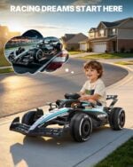 Child playing with First Ride On Mercedes-AMG Petronas F1 style ride-on toy car with racing dream concept