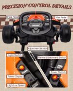 Close-up diagram of First Ride On McLaren precision control dashboard highlighting brake pedal, high/low speed toggle, and power display