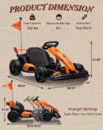 Detailed product dimension blueprint of First Ride On McLaren go-kart showcasing 3 length adjustments, 132 lbs load capacity, and trunk fit guide