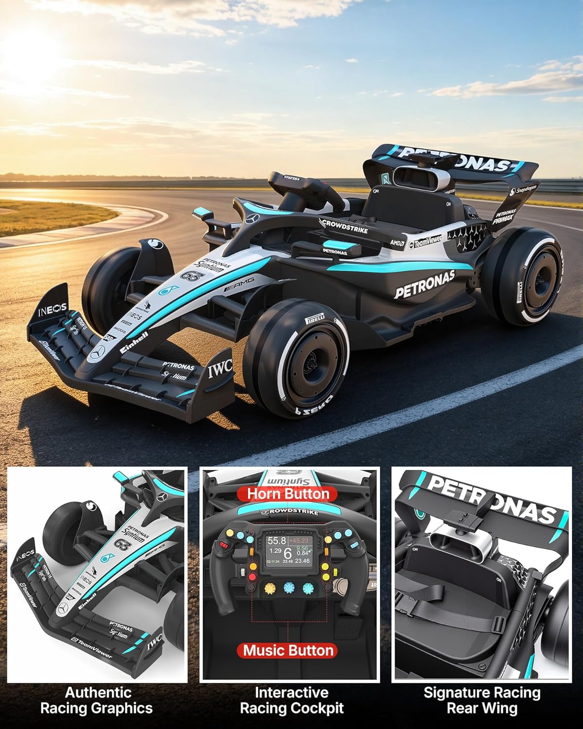 First Ride On Mercedes-AMG Petronas F1 style ride-on car dashboard featuring interactive steering wheel with music and horn buttons