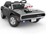 First Ride On officially licensed black 1970 Dodge Charger RT kids ride-on car with a simulated supercharger