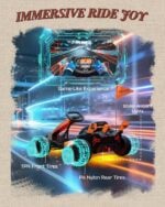 Immersive race track graphic illustrating First Ride On McLaren kart features including TPR front tires, PA nylon rear drifting tires, and ambient lights