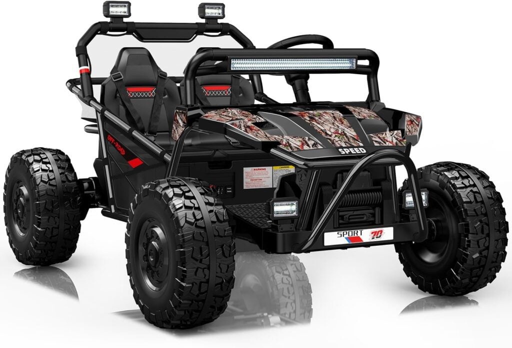 Studio background front view of First Ride On black camo kids ride-on UTV with bright LED light bars