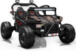 Studio background front view of First Ride On black camo kids ride-on UTV with bright LED light bars