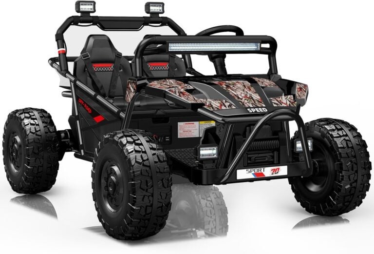 Studio background front view of First Ride On black camo kids ride-on UTV with bright LED light bars