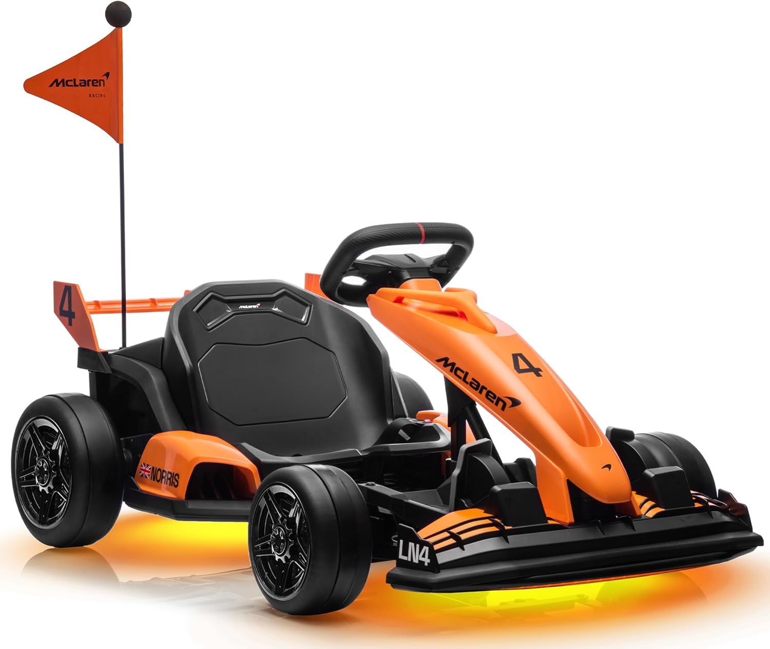 Studio white background front perspective view of First Ride On officially licensed McLaren electric go-kart with racing flag