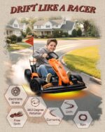 Young boy enjoying outdoor drifting action on a First Ride On McLaren 36V ride-on vehicle showing 360-degree rotation and spin capabilities