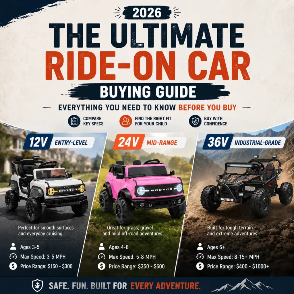 2026 Ultimate Ride-On Car Buying Guide banner comparing 12V, 24V, and 36V kids electric cars.