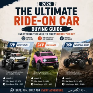 2026 Ultimate Ride-On Car Buying Guide banner comparing 12V, 24V, and 36V kids electric cars.