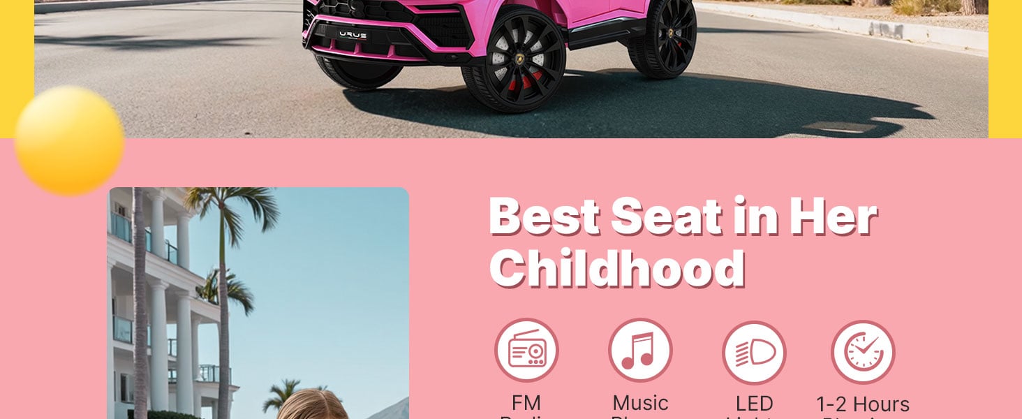Pink 12V Lamborghini Urus ride-on car with FM radio, music player, LED headlights and 1-2 hours of runtime