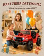 red 12V kids Jeep Wrangler ride-on as a birthday gift for toddlers