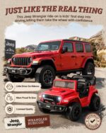 red 12V kids Jeep Wrangler ride-on with official Jeep Wrangler licensed branding