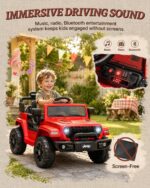 red 12V kids Jeep Wrangler ride-on with Bluetooth music, radio and horn sounds