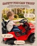 red 12V kids Jeep Wrangler ride-on with 3-point seat belt and lockable doors