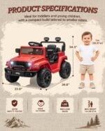 red 12V kids Jeep Wrangler ride-on product specifications with dimensions for ages 1-3