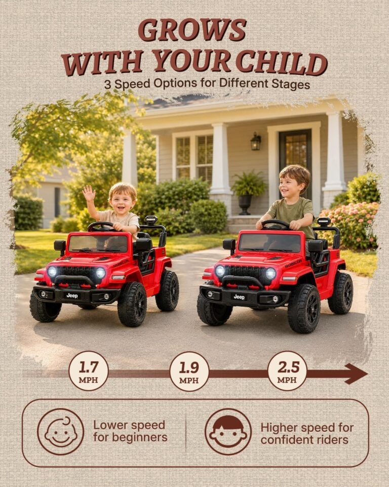 red 12V kids Jeep Wrangler ride-on with 3 speed options from 1.7 to 2.5 mph