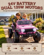 pink 24V kids Jeep Wrangler Rubicon ride-on with 24V dual 120W motors and 3 speeds up to 5.3 mph