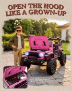 pink 24V kids Jeep Wrangler Rubicon ride-on with openable hood for hidden storage