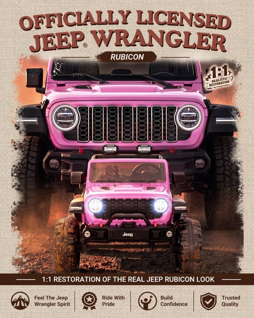 pink 24V kids Jeep Wrangler Rubicon ride-on with official Jeep Wrangler Rubicon licensed grille