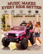 pink 24V kids Jeep Wrangler Rubicon ride-on with Bluetooth music, horn and bright headlights