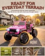 pink 24V kids Jeep Wrangler Rubicon ride-on with off-road tires and rear wheel suspension