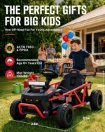 Child opening a birthday gift next to the red 36V ride-on toy - ASTM F963 & CPSIA certified, big kids 6+, max 132 lbs, 52 x 23 x 28 in