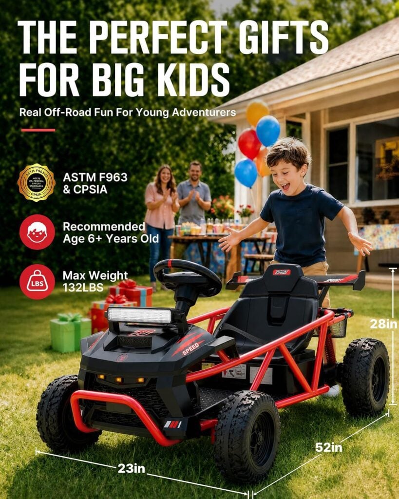 Child opening a birthday gift next to the red 36V ride-on toy - ASTM F963 & CPSIA certified, big kids 6+, max 132 lbs, 52 x 23 x 28 in