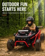 Kid wearing a helmet driving the red 36V off-road vehicle through a forest trail with LED light bar