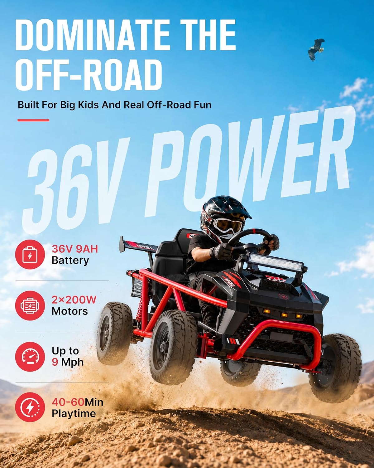 EVA tires and dual rear spring suspension on First Ride On 36V UTV