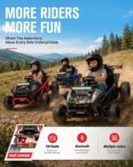 Three kids riding 36V off-road vehicles on a mountain path - rear storage bin, FM radio, Bluetooth music, multiple color options