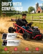 Kid drifting the red 36V off-road vehicle on a dirt road - 2-point safety harness, hall throttle and electronic brake pedal