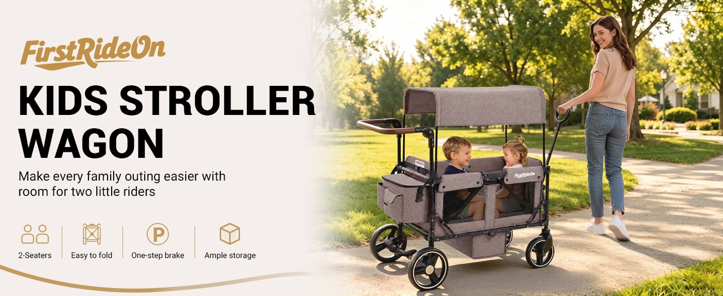 First Ride On foldable wagon stroller for 2 kids folded in one step, lightweight 32 lb frame fitting a car trunk