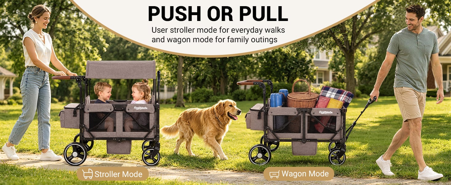 First Ride On wagon stroller for 2 kids with two cushioned seats and 5-point safety harness, mesh side panels