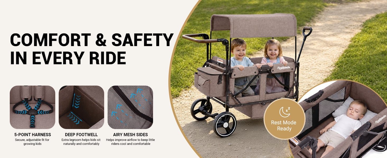 First Ride On wagon stroller all-terrain 8 inch swivel front wheels and 10 inch rear wheels with leather push and pull handle and foot brake