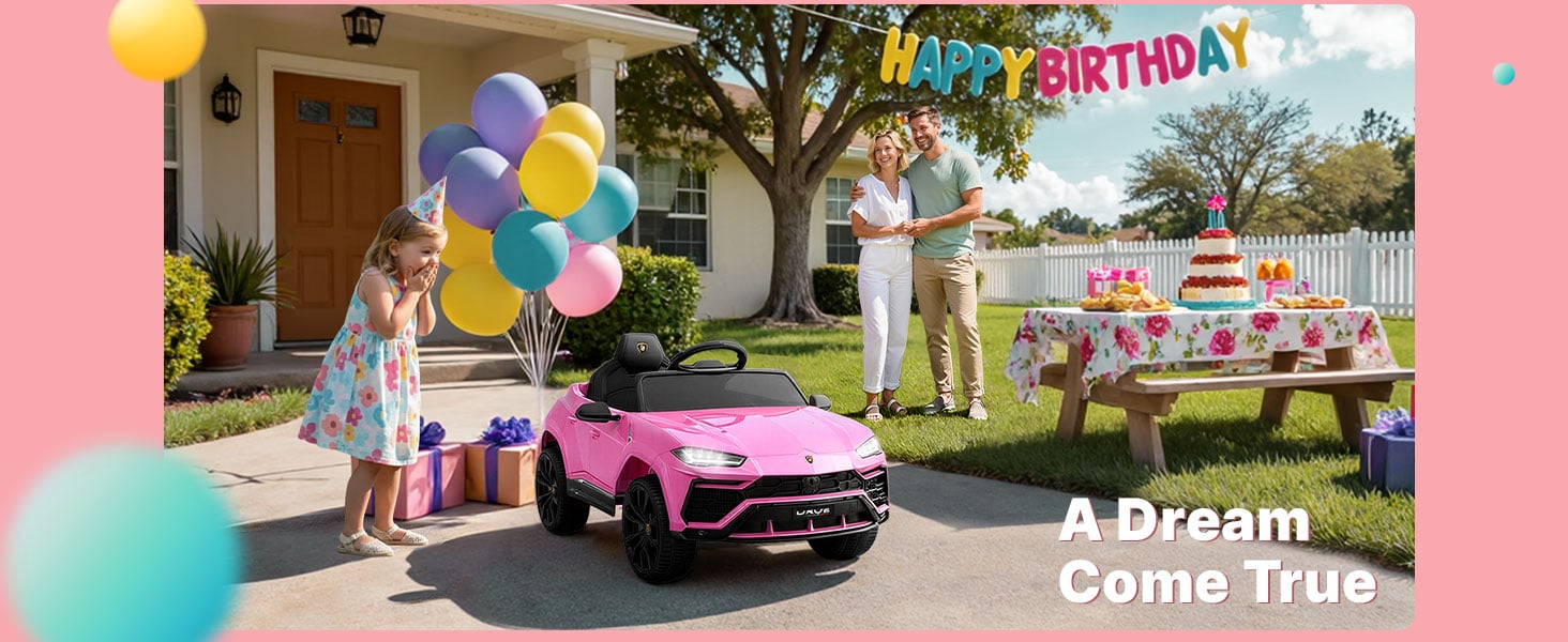 Pink 12V Lamborghini Urus kids ride-on car in a driveway at a birthday party with balloons, gifts and cake
