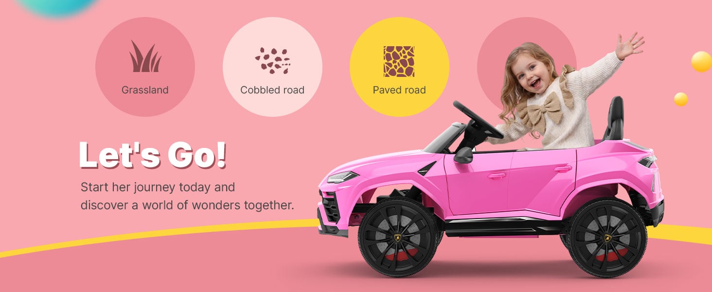 Pink Lamborghini Urus 12V ride-on car for grassland, cobbled road and paved road, with a child at the wheel