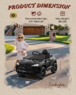 12V Lamborghini Urus ride-on car size 42 x 26 x 21 inches, for ages 3-6, up to 66 lbs