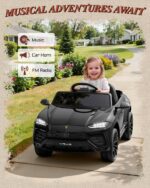 12V ride-on car dashboard with MP3 music, horn sound and FM radio while a child drives on the driveway