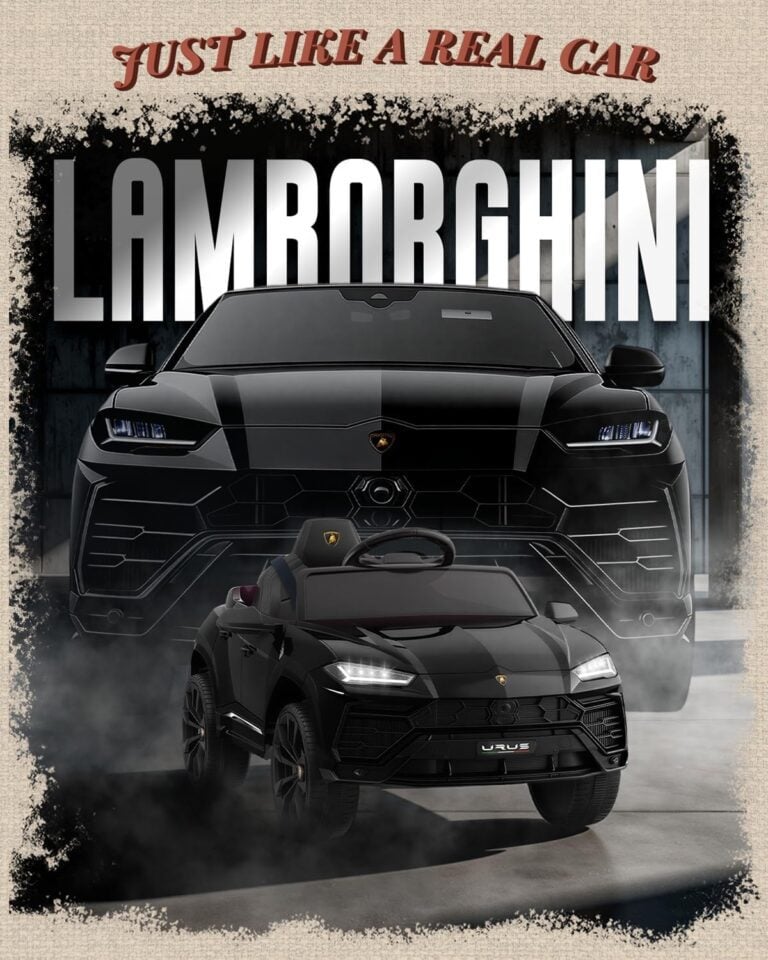 Black 12V Lamborghini Urus kids ride-on car parked in front of the real Urus SUV it is modelled on