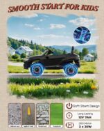 Front and rear suspension on the 12V ride-on car, shown on cobblestone, asphalt, paved road and grass