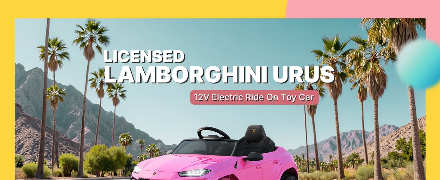 Licensed Lamborghini Urus 12V electric ride-on car in pink, shown against palm trees and desert mountains