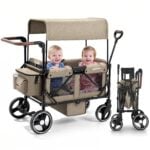 Brown wagon stroller for 2 kids with removable canopy, mesh sides and organizer bag, shown unfolded and folded